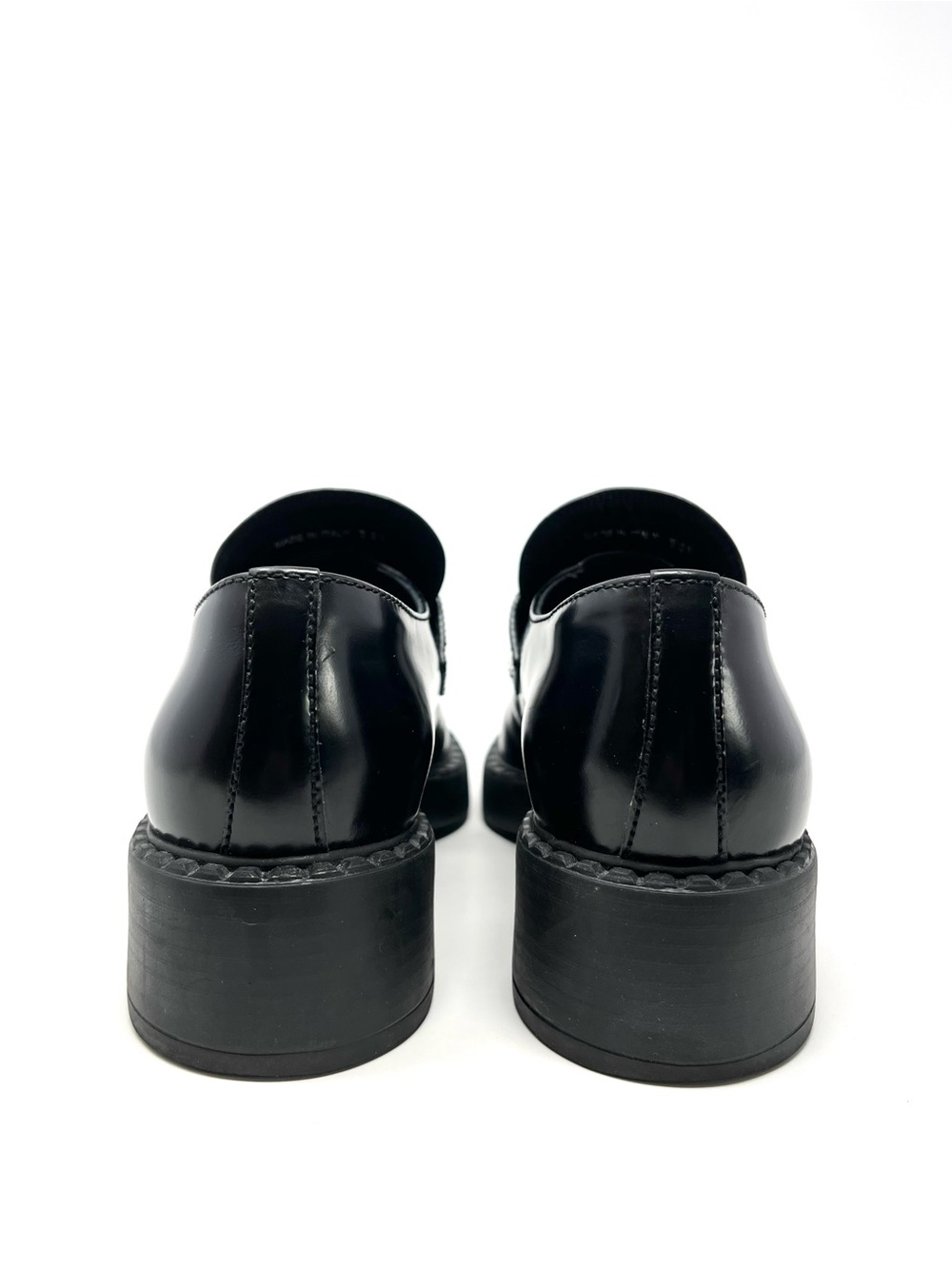 Prada Chocolate Black Triangle Logo Brushed Leather Loafers Heels Chunky 38.5 - Picture 8 of 14